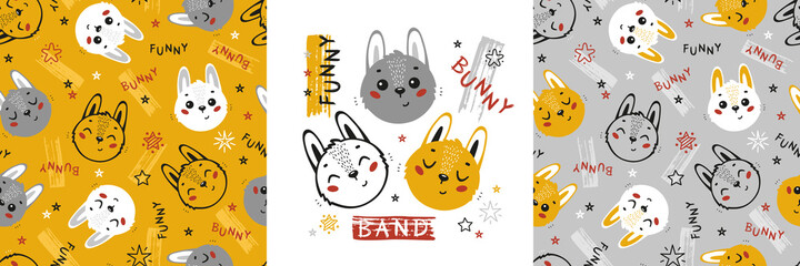 Funny Bunny. Set of Cute Rabbit Seamless Patterns and Poster. Childish Background with Little Easter Hares. Vector Baby Animals Drawing for Tee Print Design for Kids. Yellow, Gray and White Colors.