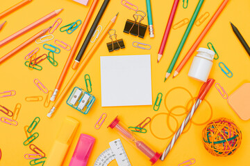MOCKUP School office supplies on yellow background flat lay copy space