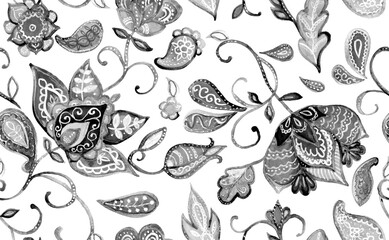 Paisley watercolor floral pattern tile:  flowers, flores, tulips, leaves. Oriental indian traditional hand painted water color whimsical seamless print, ceramic design. Abstract india batik background