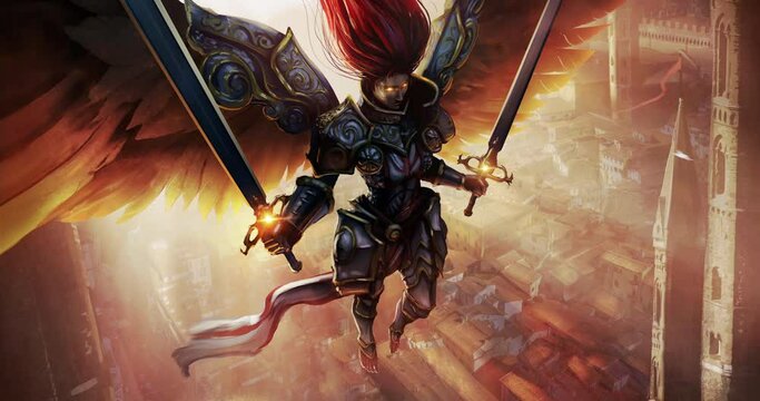 A beautiful female angel knight with two swords in her hands, wearing a beautiful plate armor, she hovers over a medieval city illuminated by the sun. 2d animation with a clean loop.