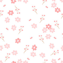Seamless pattern with cute pink flower on white background vector. Cute floral print.