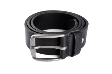 Fastened fashionable men's leather belt with dark matted metal buckle isolated on white background. Black belt for men. Black leather belt for trousers and jeans. Male accessory. 