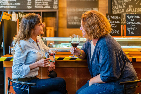 Cheerful women friends sitting at bar counter and drinking red wine
