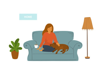 girl with her sleeping dog on sofa at home isolated vector illustration scene