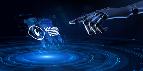 Machine vision AI artificial intelligence concept. Robot hand Pressing button 3d render.