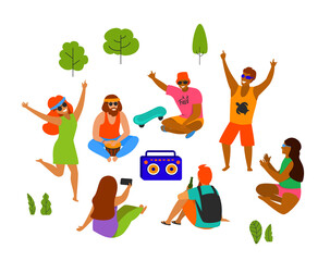 group of young people, men and women celebrating, dancing, party, playing chilling in the park isolated vector illustration scene