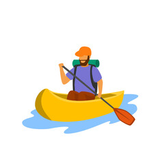 young man traveling paddling canoe isolated vector illustration