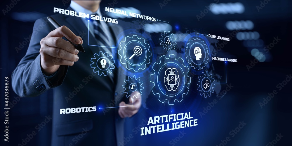 Poster ai artificial intelligence neural network machine learning modern technology concept. businessman pr