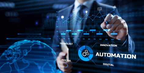 Automation Innovation technology concept. Businessman pressing button on screen.
