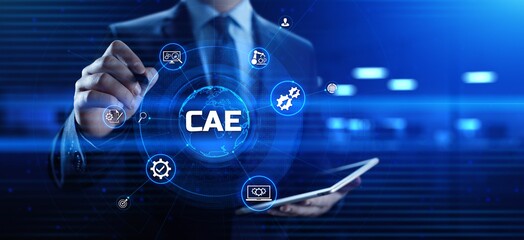 CAE Computer-aided engineering software system concept. Businessman pressing button on screen.