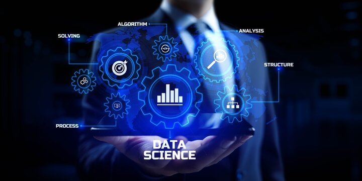 Data science analytics concept. Businessman pressing button on screen.