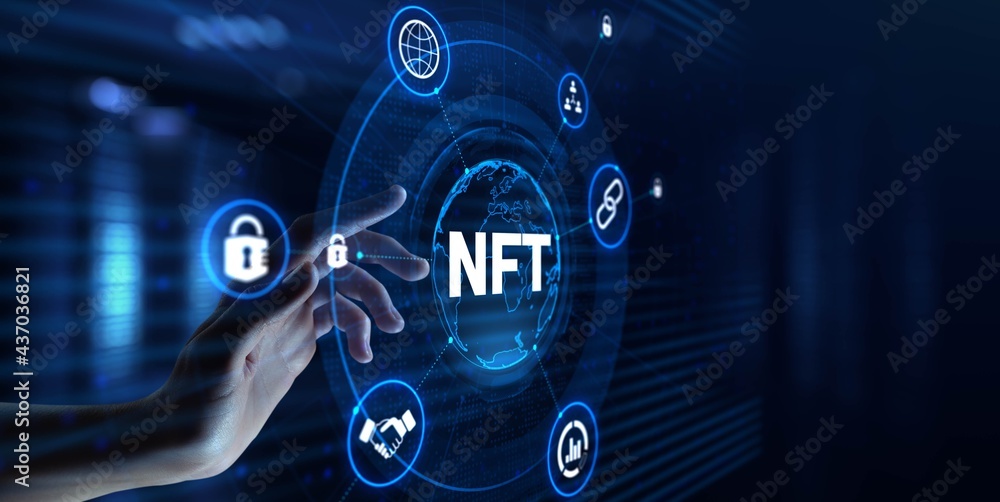 Poster nft non-fungible token digital crypto art blockchain technology concept. hand pressing button on scr