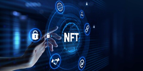 NFT Non-fungible token digital crypto art blockchain technology concept. Hand pressing button on screen. - obrazy, fototapety, plakaty