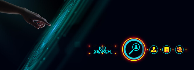 Job Search Send CV Recruitment Hearing Employment. Hand pressing button on screen.