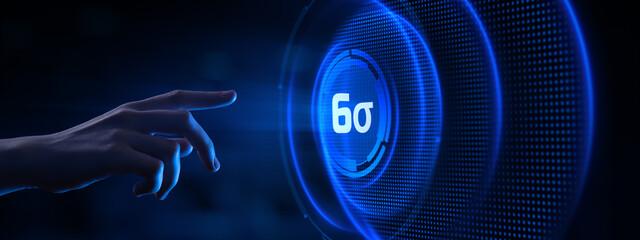 Six sigma DMAIC Lean manufacturing quality control business technology concept. Hand pressing button.