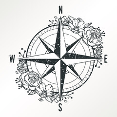Compass Travel Star Rose Flower with Vintage object Design. Floral frame Ornament vector style. Decoration Design illustration. © josepperianes