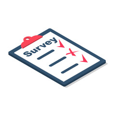 Survey concept. Poll opinion survey. Checklist in clipboard. Small businessman cartoon style. Vector illustration isometric design. Isolated on white background.