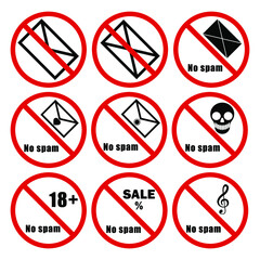 Set prohibiting red round signs no spam on white background, vector illustration