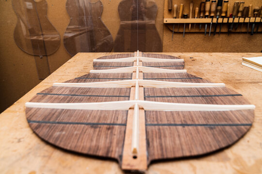 Guitar sound board on table in workroom