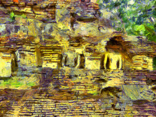 Ancient thai architecture landscape Illustrations creates an impressionist style of painting.