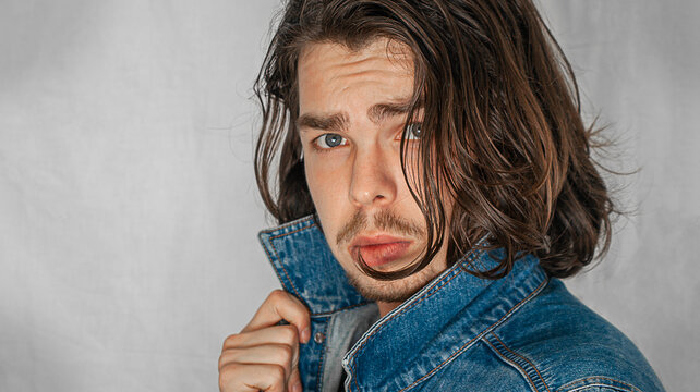 man posing holding his blue jacket. white background