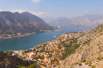 View of the city of Kotor from a high point on a sunny summer day. Montenegro 