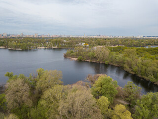 Lake shore in spring. Aerial drone view.