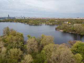 Obraz premium Lake shore in spring. Aerial drone view.