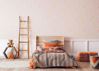 Orange wooden bedroom design, poster frame mockup, 3d render