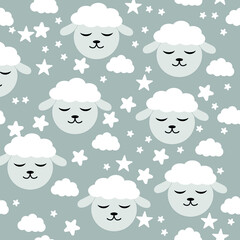 Obraz premium flat vector pattern of Little lamb with clouds. cute pattern with air bras for children's party, textiles and cards