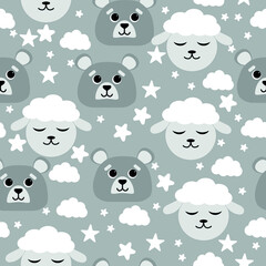 flat vector pattern of Little lamb and bear with clouds. cute pattern with air bras for children's party, textiles and cards