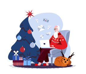 Merry Christmas Wishes Website Landing Page Santa Claus in Traditional winter sweater Sitting in Armchair Fir Tree Reading Long List with Xmas Desires. Web Page Banner Cartoon Flat Vector Illustration