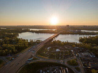 North bridge in Kiev at dawn. Aerial drone view.