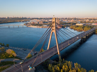 North bridge in Kiev at dawn. Aerial drone view.