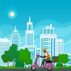 Young african guy in protective face mask with thermal bag for food delivery rides a purple scooter on a summer background of green trees and cities, online delivery service and stay home concept