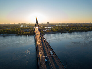 North bridge in Kiev at dawn. Aerial drone view.