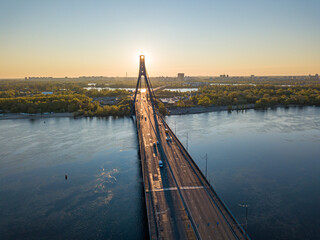 North bridge in Kiev at dawn. Aerial drone view.