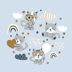 Hand drawn cats illustration in scandinavian style with stars, rainbows, clouds on blue backgr. Funny cartoon cats. Hand drawn children's illustration for fashion clothes, shirt, fabric for kids, boys