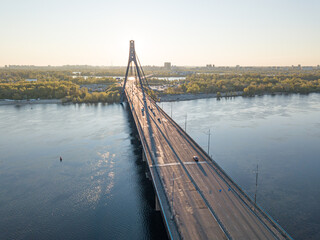 North bridge in Kiev at dawn. Aerial drone view.