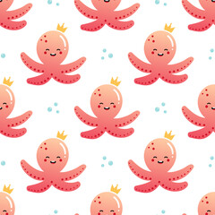 Cute smiling cartoon style baby octopus character in crown with water bubbles vector seamless pattern background for sea life design.