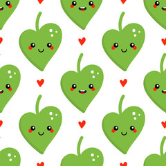 Cute smiling cartoon style green leaves characters and red hearts vector seamless pattern background.
