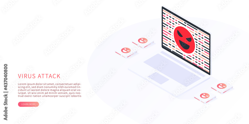 Poster computer virus. virus attack and cyber crime concept. vector isometric with laptop computer, virus, 