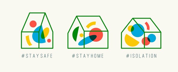 Stay home, Stay safe. Outline houses with abstract shapes. Social media Icons. Quarantine or Self Isolation, Distancing measures, Virus prevention concept. Trendy Vector illustration. Logo templates