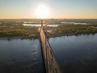 North bridge in Kiev at dawn. Aerial drone view.