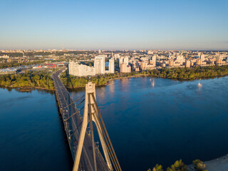 North bridge in Kiev at dawn. Aerial drone view.