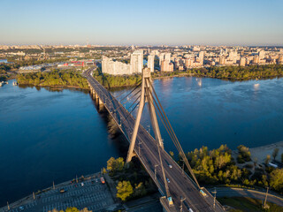 North bridge in Kiev at dawn. Aerial drone view.