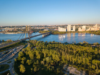 Fototapeta premium North bridge in Kiev at dawn. Aerial drone view.