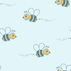 Seamless vector pattern with happy bees on off white background. Simple cute bumblebee wallpaper design for children. Decorative fun fashion textile.
