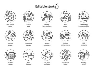 School meal concept outline icons set. Customizable linear contour symbols collection. Editable stroke.
