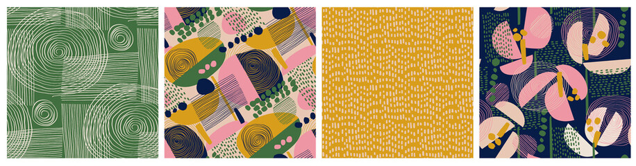 Modern floral collage and polka dot pattern set